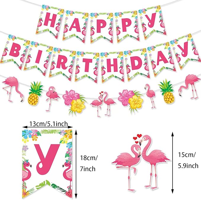 Zwiebeco Flamingo Happy Birthday Party Decoration Tropical Hawaiian Summer Supplies Pineapple Banner Bunting Garland for Kids Adults Aloha Luau Theme Accessories