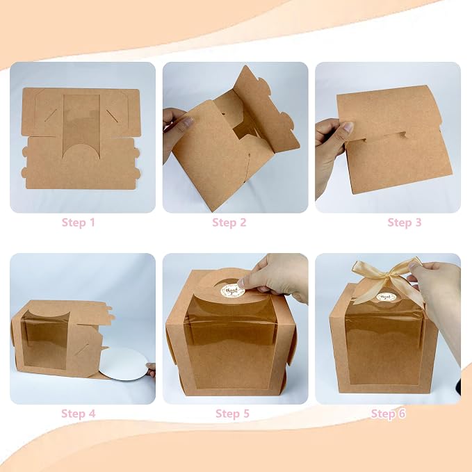 15PCS Brown 6x6x6 Inch Cake Boxes with Window Handle Boxes 6 Inch with Cake Boards for Gift Giving Elegant Paper with Ribbon Stickers for Weddings Birthdays Holidays Corporate Event Party Favors