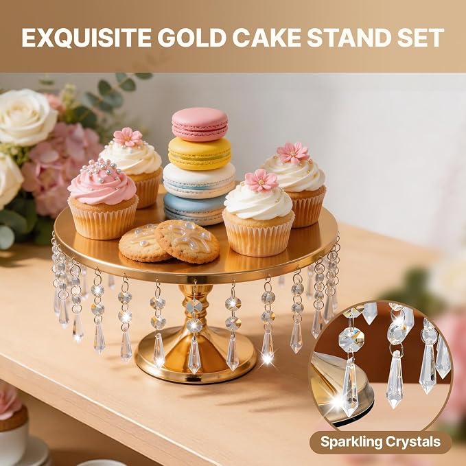 6 PCS Gold Cake Stand Set with Crystal Pendants - Dessert Table Display Set, Metal Cake Holder Stand for Wedding, Party, Birthday, Baby Shower, Event Bridal Celebration