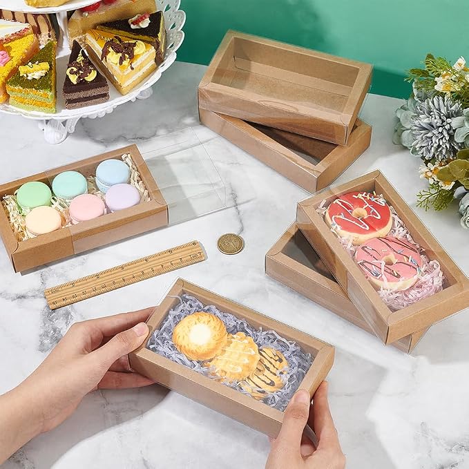 NBEADS 12 Pcs Rectangle Drawer Kraft Boxes, 6.3x3.54x1.26 Inch Gift Packaging Case Foldable Paper Drawer Boxes with Clear Plastic Cover for Party Favor Treats Candy and Jewelry Crafts, Burlywood