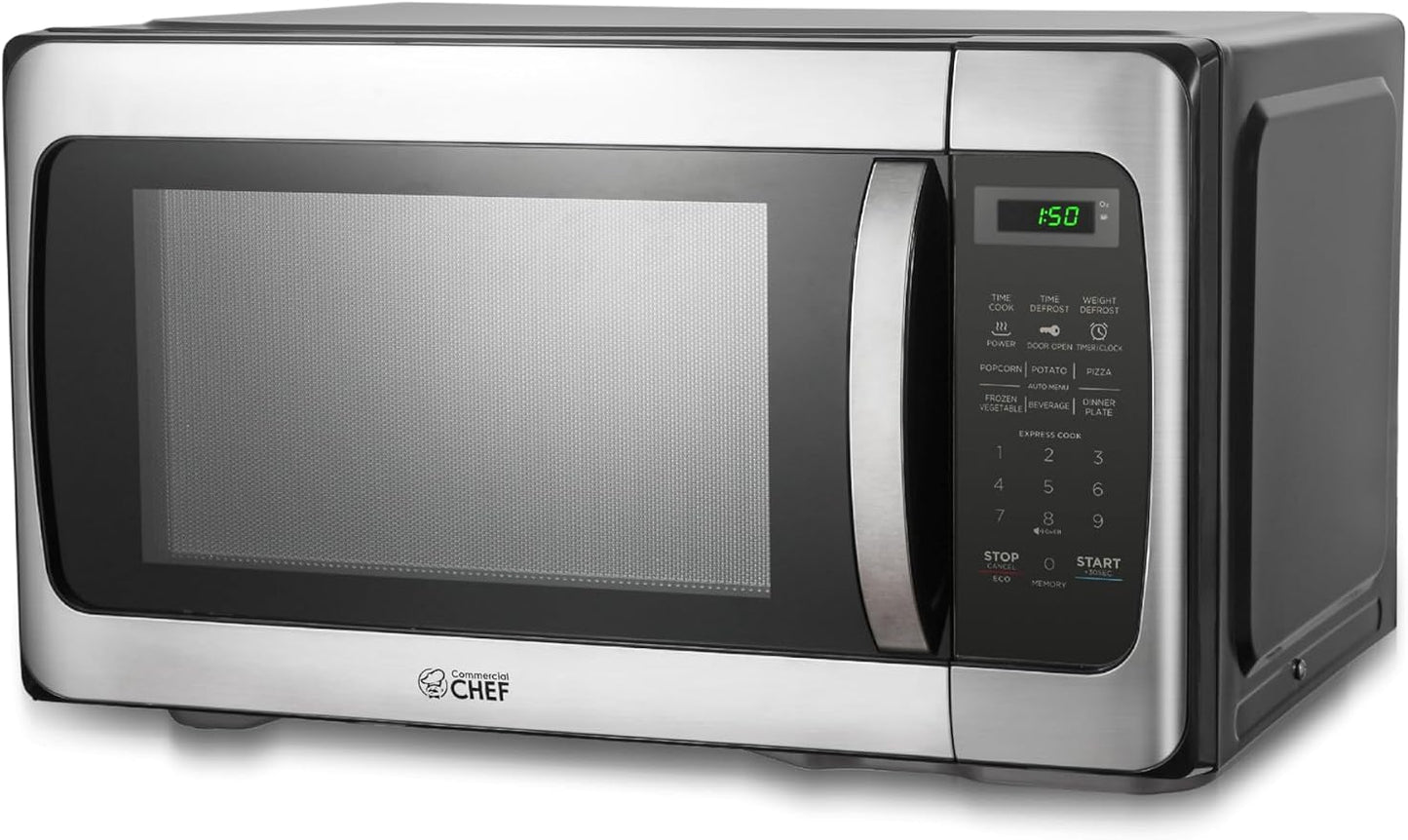 COMMERCIAL CHEF 1.1 Cu Ft Microwave with 10 Power Levels, Microwave 1000W with Push Button Door Lock, Countertop Microwave with Turntable and Digital Controls, Stainless Steel