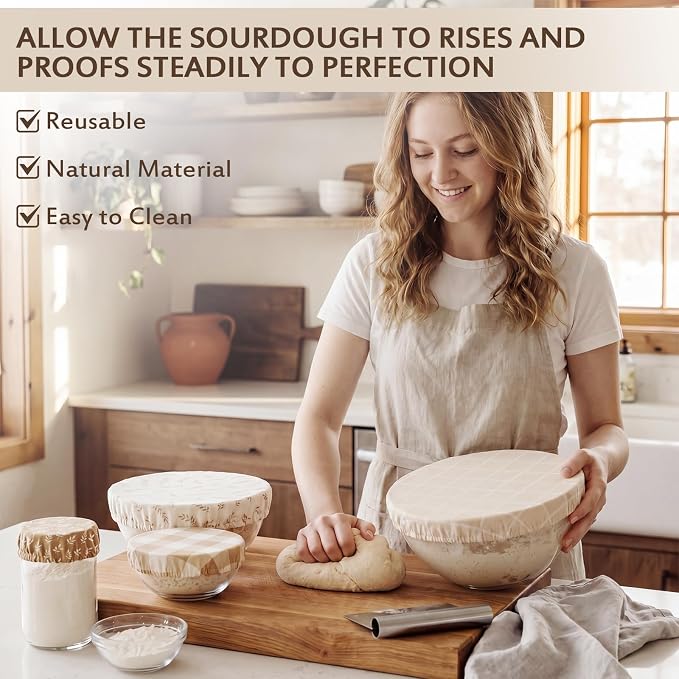 Mindsoft 4 Pcs Reusable Bowl Covers for Bread Proofing, 4/8/10/13 Inch Linen Cotton Blend Bowl Lids with Elastic, Durable Food Covers for Sourdough Bread Dough Proofing Food Storage Fruits Leftover