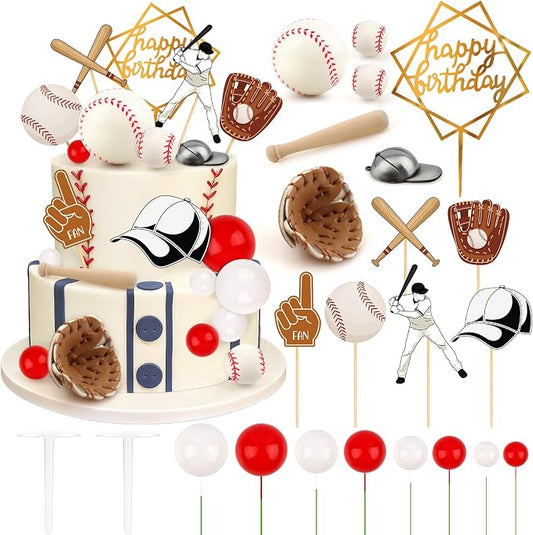 Hooqict 23Pcs Baseball Cake Decorations Set with Mini Baseballs, Player, Caps, Gloves, Bats, Happy Birthday Cake Toppers & Cupcake Toppers for Sports Theme Birthday Party Decor Supplies