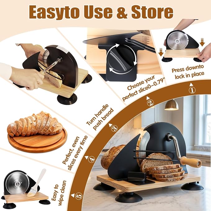Manual Bread Slicer for Homemade Sourdough Bread, Adjustable Thickness & Evenly Slicing, Hand Crank Bread Slicer with Scale Line and Suction Cup, Serrated Blade Design, Patent Black