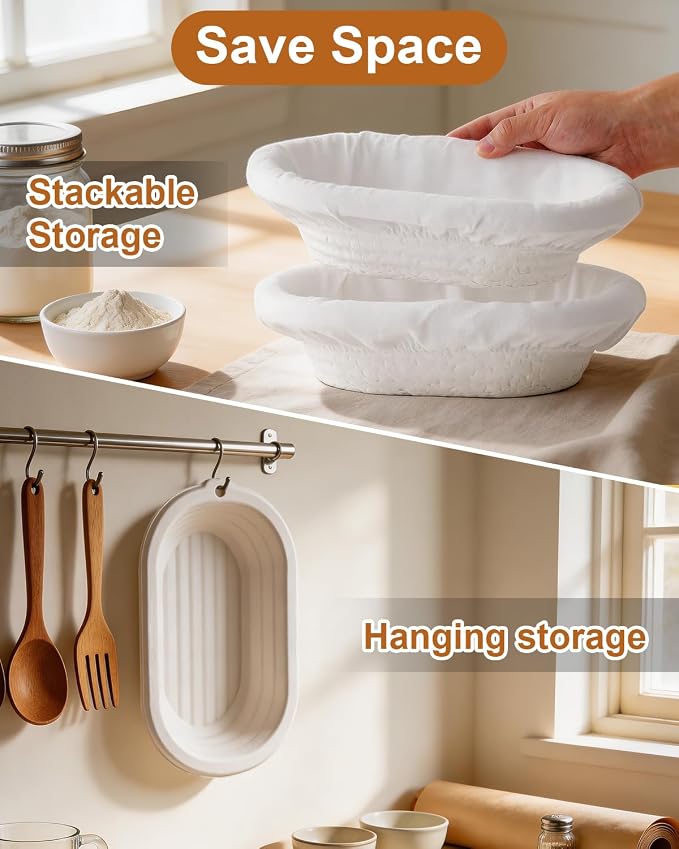 2 Pcs Banneton Bread Proofing Baskets, Sourdough Basket, Oval, 11 Inch | Banneton Basket Set, Proofing Basket for Sourdough & Artisan Bread Baking, Non-Stick, Made with Eco-friendly Sugarcane Pulp