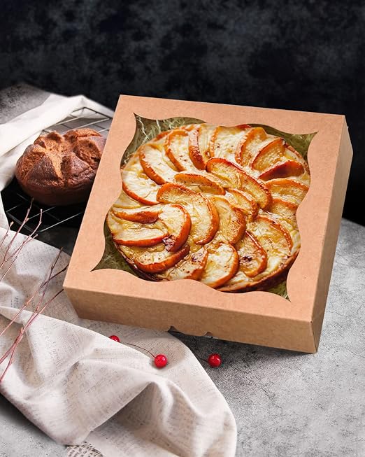 qiqee Auto-pop Up Brown Pie Boxes with Window 12x12x3 Inch 24Packs Cookie Donut Bakery Box