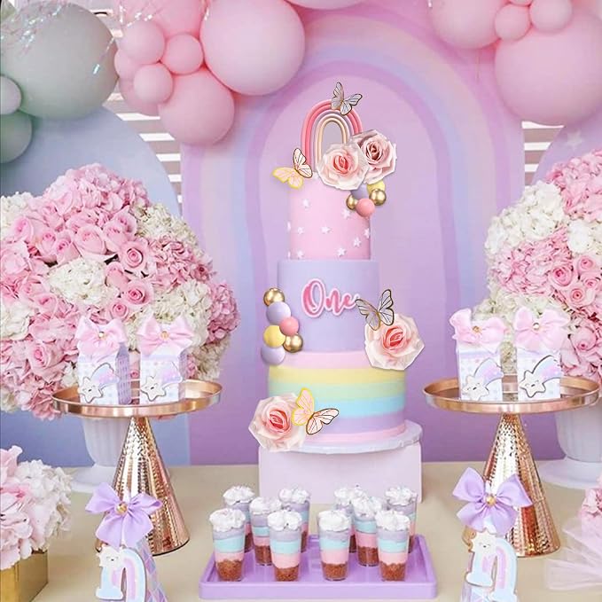 52Pcs Rainbow Cake Topper Butterflies Cake Decorations with Colorful Balls Flower Cake Toppers for Women Girls Kids Birthday Baby Shower Wedding Rainbow Flower Butterfly Themed Party Supplies