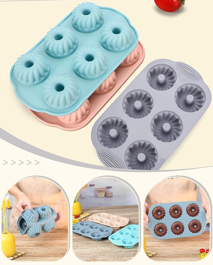 Jello Molds 3pcs Silicone Fluted Tube Cake Pans, 6 Cavity Heritage Silicone Mold for Baking Non Stick Fancy Molds (Pink+Blue+Gray, Fluted Tube)