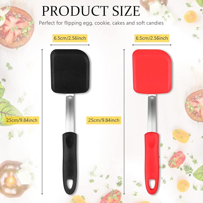 Silicone Cookie Spatula Turner 2 Pack Mini Brownie Spatula Flexible Kitchen Small Silicone Turner for Nonstick Cookware Heat Resistant No Scratch Flipper for Pancake(Solid Flat,Black, Red)