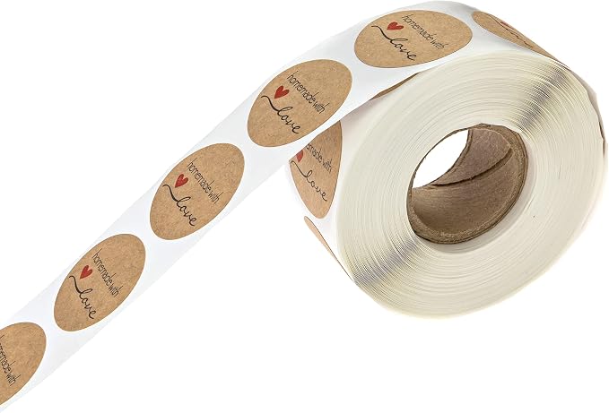 1" Round Natural Brown Kraft Homemade with Love Stickers / 500 Brown Kraft Labels Roll/Made in The USA