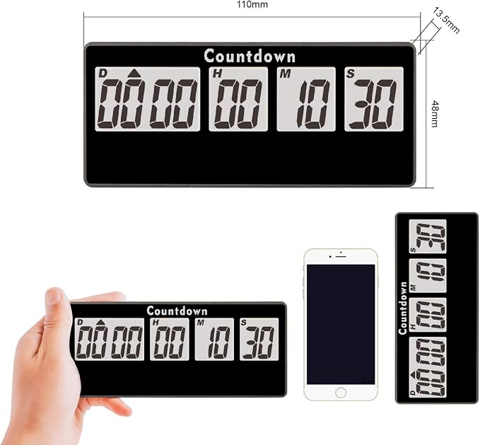 Jayron 9999 Day Digital Countdown Timer for Kitchen Office Desk LCD, Black | Magnetic back, 60-second alert, count-up after zero, pause and resume, classroom events, wedding dates, fridge and shelf use