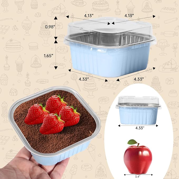 50 Pcs Mini Square Baking Cups with Lids,10oz Aluminum Foil Mini Cake Pans with Lids,Disposable Ramekins Cake Pans,300ml Dessert Cups Cupcake Pans for Wedding Birthday Party,Skyblue
