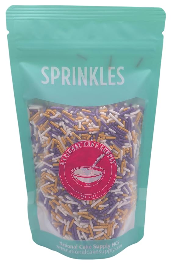 NCS Minnesota Game Day Purple, Gold & White Jimmies Edible Sprinkles – Cupcake, Cake & Cookie Decorations, 7 oz