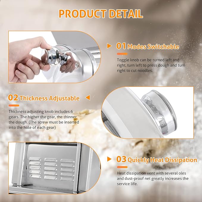 WICHEMI Electric Pasta Maker Machine Pasta Dough Spaghetti Roller Noodle Pressing Machine Stainless Steel 135W for Home Family Use (1.5mm flat noodle+4mm flat noodle)