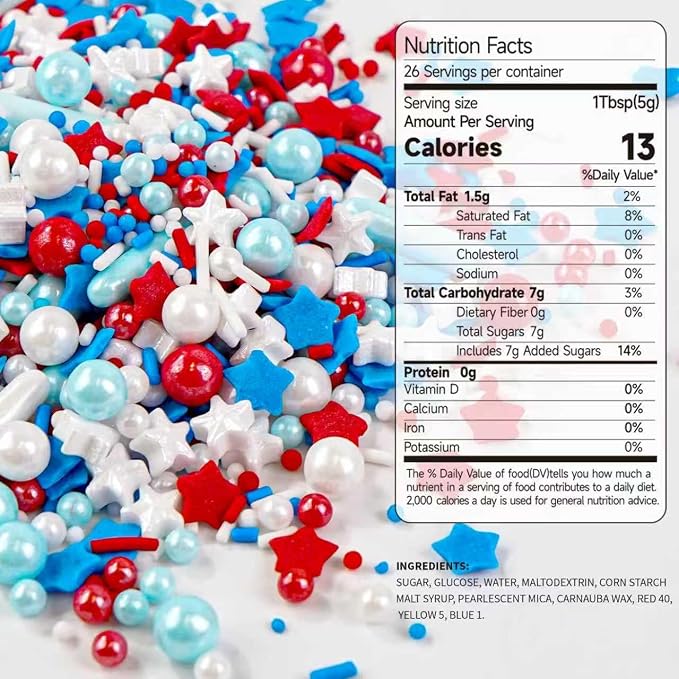Edible Patriotic Sprinkles, 4th of July, 130g/4.59oz, Red White and Blue Sprinkles for Cake Decorating, Cake Decorations, Cupcake Toppers (Stars/Jimmies/Nonpareils）