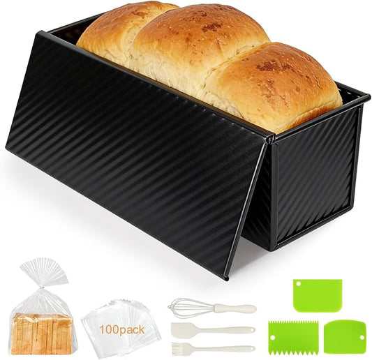Pullman Loaf Pan with Lid,Non-Stick Carbon Steel Corrugated Toast Mold with Plastic Spatula and Basting Pastry Brush,1 LB Dough Capacity for Homemade Sandwich and Sourdough Bread(Black)