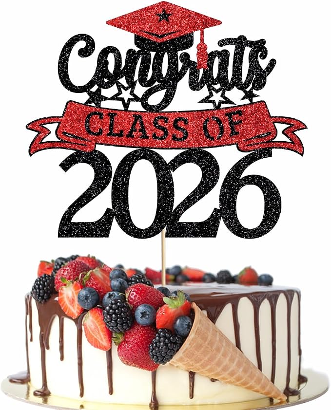 Glitter Class of 2026 Cake Topper，Congrats Grad Decorations， 2026 Happy Graduation High School/College/University Graduation Party Supplies Black and Red