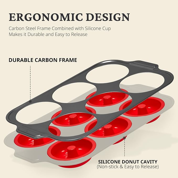 BRONYPRO Silicone Donut Pan for Baking with Metal Reinforced Frame, 6-Cavity Nonstick Doughnut Mold, Large Donut Size, Food-Grade Bakeware, Oven Dishwasher Freezer Safe, Red