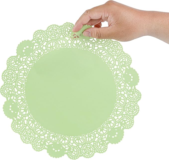Pastry Tek 12 x 12 Inch Paper Lace Doilies, 100 Disposable Table Doilies - Elegant Lace Finish, Long Lasting, Green Paper Doily, for Pastries, Cupcakes, Desserts - Restaurantware