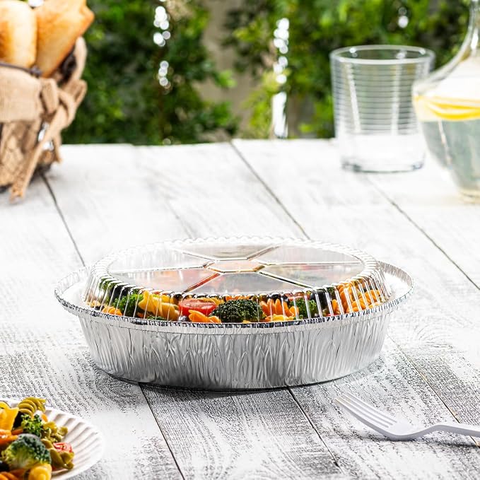 GUSTO 9-Inch Disposable Round Aluminum Foil Pans with Clear Plastic Dome Lids, [50 Count] Ideal for Baking, Cooking, Food Storage & Reheating (Formerly Comfy Package)