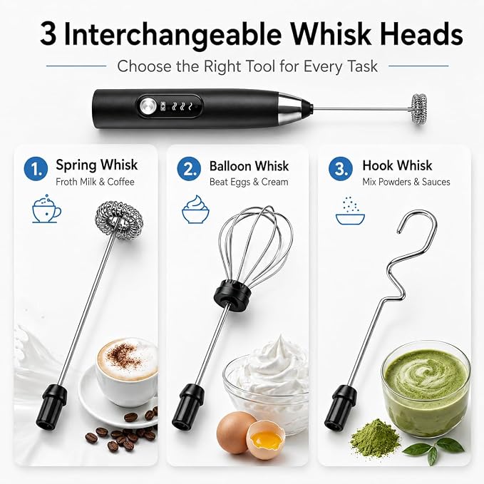 Black Handheld Milk Frother Wand for Coffee, Electric Whisk 3 Speed, 3-in-1 Rechargeable Drink Mixer with Stainless 3 Whisks, Coffee Frother For Latte, Cappuccino, Hot Chocolate, Egg