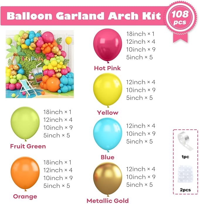 Hawaiian Balloon Arch Kit, 108 Pcs Tropical Balloon Garland with Hot Pink Orange Teal Green Yellow Latex Balloons Metallic Gold for Birthday Baby Shower Pool Beach Summer Party Decorations