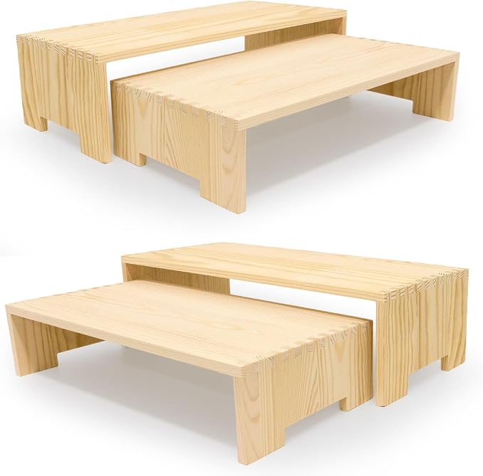 Yikaroeli 4Pcs Large Display Riser Wood Risers Cupcake Display Stand 2 Tier Racks Rectangular, 2 Set Perfume Decorative Display Dessert Stands for Vendors Event (Large/2Pack Nature)