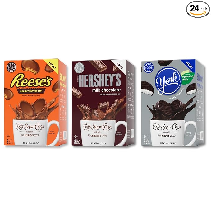 Candy Shop Cocoa Variety Iced Cocoa Mix, 1.25 oz, 24 Pack | Variety pack with HERSHEY’S, REESE’S and YORK flavors; just add water for smooth, creamy hot or iced cocoa drinks anytime