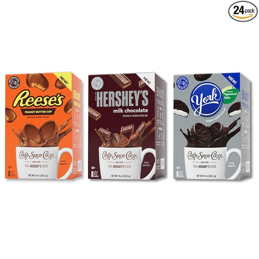 Candy Shop Cocoa Variety Iced Cocoa Mix, 1.25 oz, 24 Pack | Variety pack with HERSHEY’S, REESE’S and YORK flavors; just add water for smooth, creamy hot or iced cocoa drinks anytime