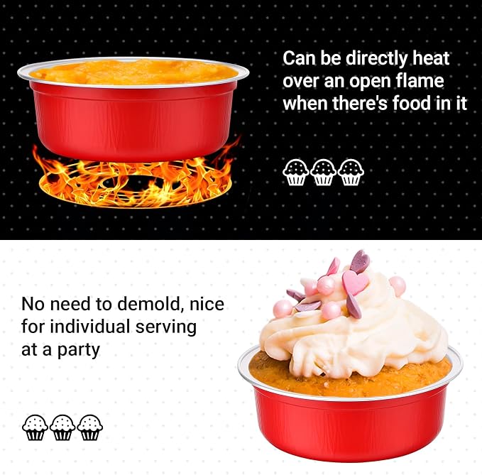 Beasea Ramekins with Lids, 20 Pack 8.8oz 260ml Disposable Aluminum Cups for Baking 4 Inch Small Round Aluminum Foil Cupcake Pudding Baking Cups for Party - Red