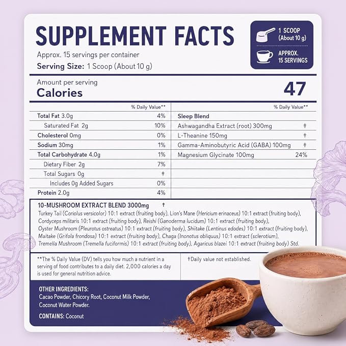 Suiyilary 10 Mushroom Hot Cocoa for Sleep, Sugar Free Keto Cocoa Powder, Nighttime Drink,100mg Magnesium Glycinate, 100mg GABA, 150mg L-Theanine, Help Fall Asleep and Stay Asleep, 15 Servings