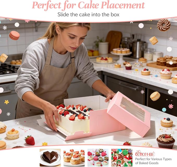 COTOPHER 14x10x6 In Sheet Cake Boxes, 16 Pcs Pink Bakery Boxes with Large Window (8 Boxes & 8 Boards), Cake Containers for Quarter Cakes, Donuts, Cupcakes, Brownie, Pastry & Pies Packaging