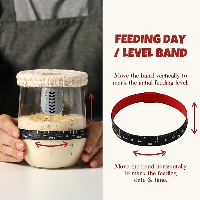1 L (34 oz) Sourdough Starter Jar Kit, Wide Mouth Potbelly Crock - Glass Sour Dough Starter Bread Jar Set - Sourdough Baking Supplies - Sour Dough Bread Accessories Gifts for Sourdough Lovers
