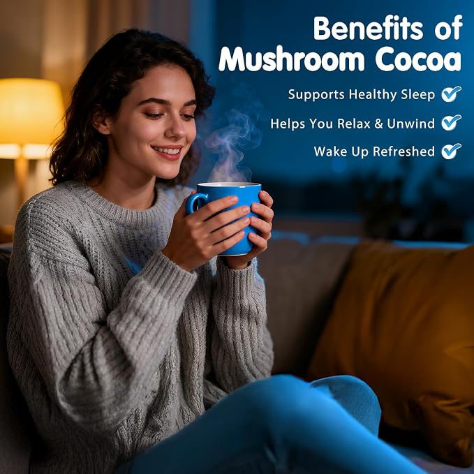 Balincer Mushroom Hot Cocoa Powder, Sleep Supplement with Reishi Mushroom, Melatonin, Glycine, Cacao, L-Theanine, Chicory, Supports Relaxation & Fall Asleep, Vegan, 20 Servings