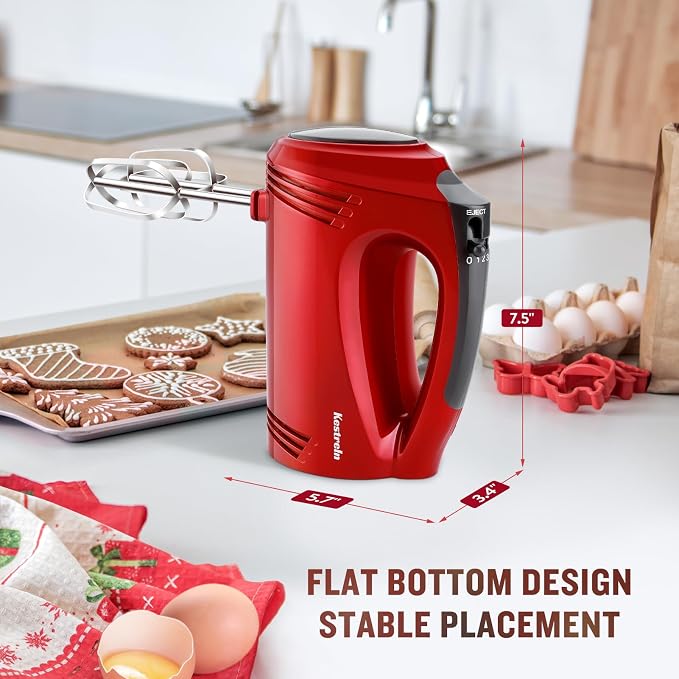 Hand Mixer Electric Handheld with Flat Bottom, Portable Mixer for Kitchen Baking Cake, Powerful Mixing for Thicker Doughs with dough hooks