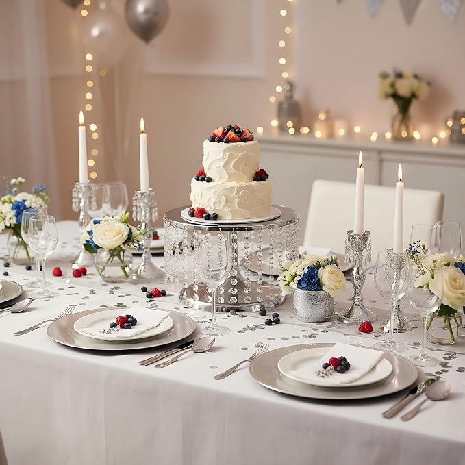 Cake Stand for Dessert Table 12 Inch Silver Crystal Pendants Metal Cake Stand Serves as A Round Dessert Cupcake Display Plate for Table, Wedding, Party, Event