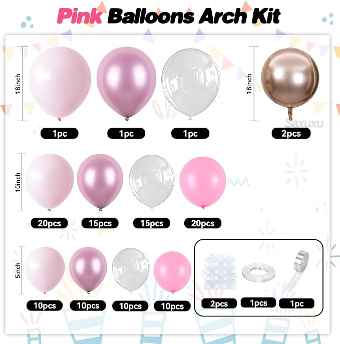 Pink Balloon Arch Kit, Pink Balloon Garland Arch Kit, Rose Gold 4d Round Foil Balloons, Macaron Light Metallic Latex Helium Clear Balloons For Girls Women Birthday Baby Shower Party Wedding Decor