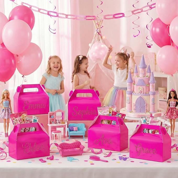 UnicoPak 30 Pack Hot Pink Party Favor Bag Boxes, Gable Gift Boxes with Handles for Candies, Treats, Goodies, Ideal for Girl Theme Birthday Party Bridal Shower Wedding Valentine's Day – 6.5x3.5x3.5 Inches