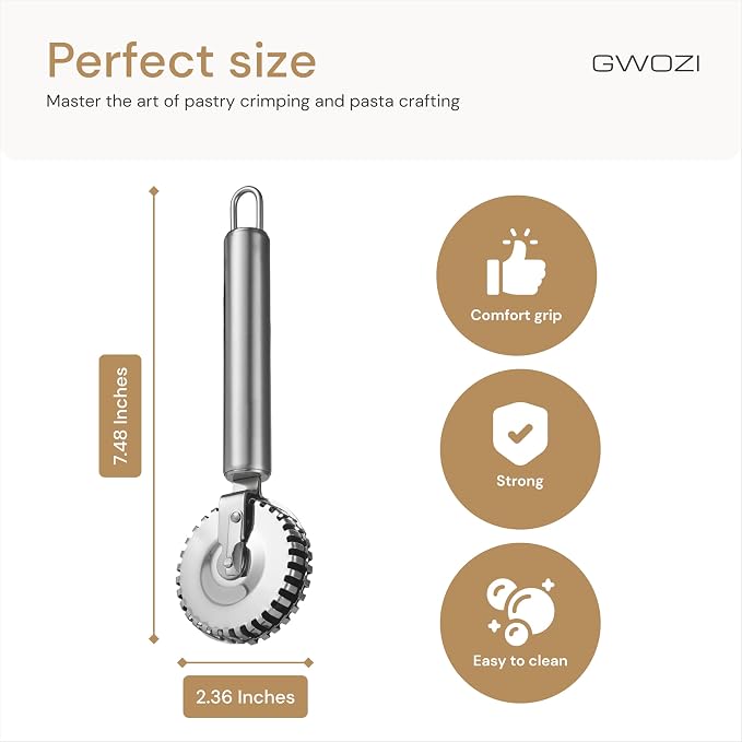 Pastry Crimper - Stainless Steel Ravioli Cutter for Kitchen - Pasta Wheel for Cutting, Sealing, and Crimping Fresh Pasta