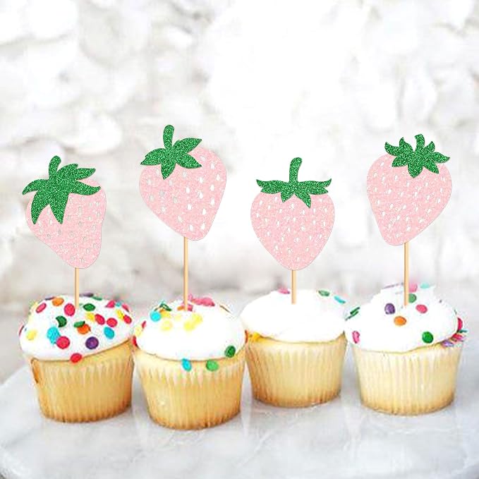 24pcs Glitter Pink Strawberry Cupcake Toppers Berry Strawberry Cupcake Picks for for Strawberry Baby Shower Kids Girls Pink Birthday Sweet Fruit Theme Party Cake Decorations