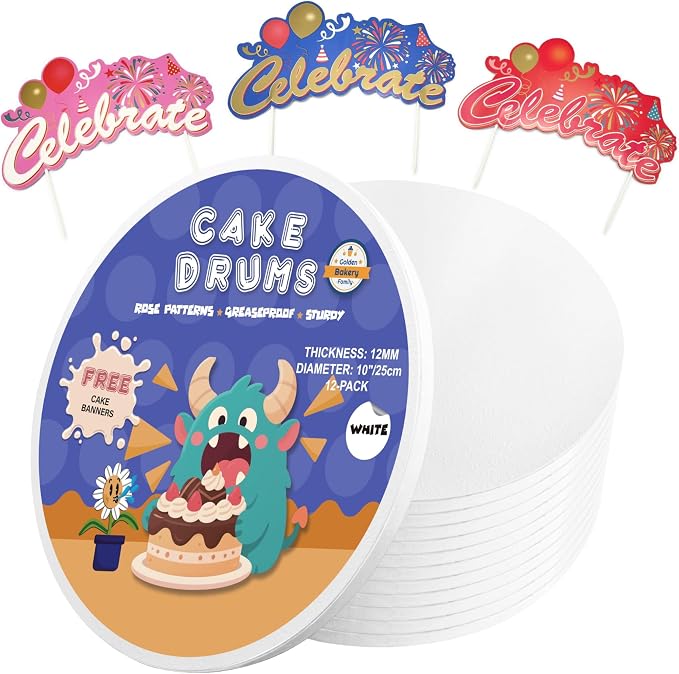 10 Inch Cake Drums with Banner Cake Topper-Cake Board Round White(12-Pack) 1/2 Inch Thick Cake Boards Sturdy, Greaseproof for Birthday Wedding Multi-Tiered Party Cake Boards
