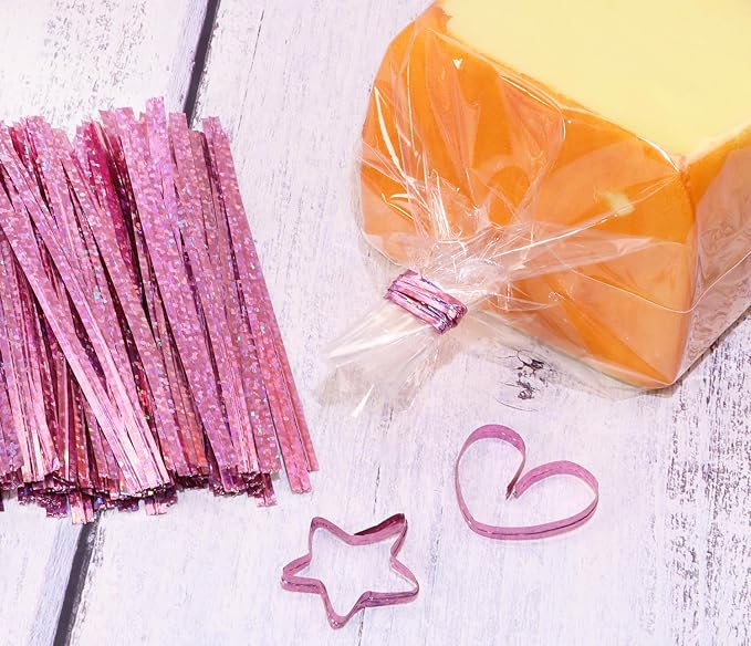 Mini Skater 4" Metallic Twist Ties Foil Bread Ties for Packaging Bakery Candy Goodies Cookies Gift Cellophane Treat Bags Christmas Wedding Party Favor Supplies,500Pcs (Pink)