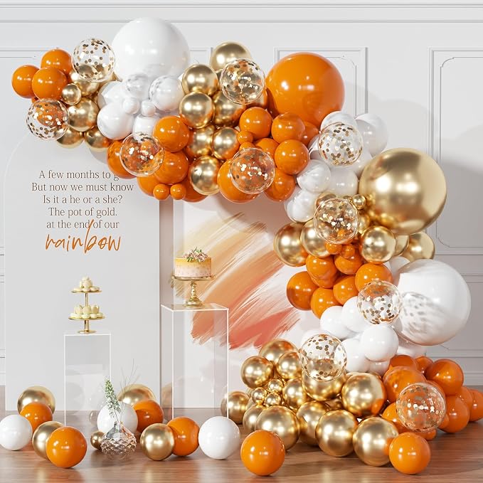 Orange and White Balloons Garland Arch Kit 154pcs Orange White Metallic Gold and Confetti Balloons for Thanksgiving Birthday Graduation Baby Shower Wedding Party Decorations