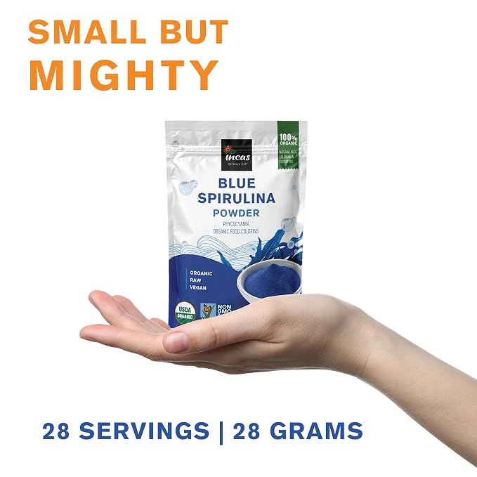 USDA Organic Blue Spirulina Powder (Phycocyanin Extract), No Fishy Smell, 100% Vegan Protein from Blue-Green Algae, 28 Servings, Natural Food Coloring for Smoothies, Baking & Drinks (1 Ounce)