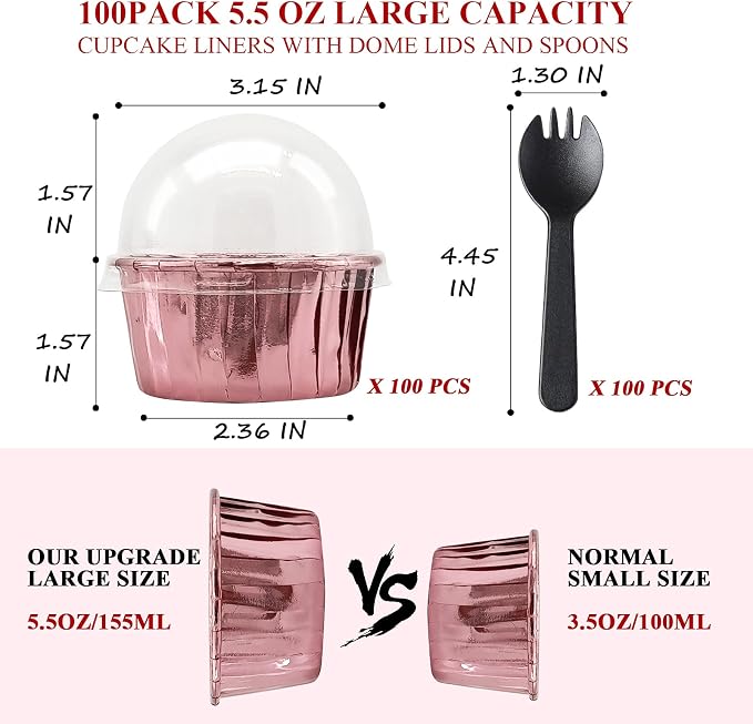 Foil Cupcake Liners Baking Cups With Lids 100 Pack,LNYZQUS 5.5 Oz Large Cupcake Tins Muffin Cups,Disposable Ramekins With Lids,Cupcake Wrappers Holders For Wedding Bakery,with Spoons-Rose Gold