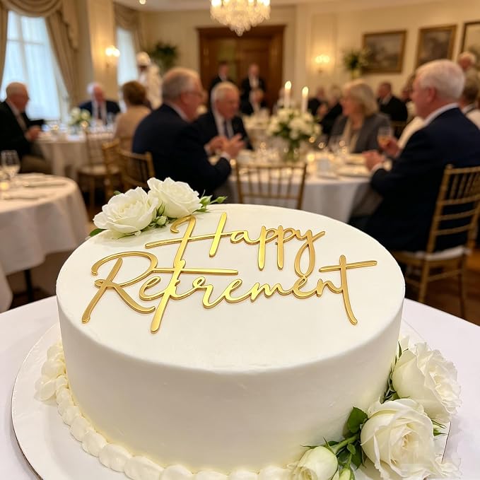 Happy Retirement Cake Topper, Gold Acrylic Officially Retired Cake Topper Cake Charm Decor, No Work Zone, Retirement Theme Party Cake Decoration Supplies for Women or Men, 5.1x4.0 Inches