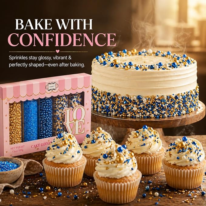 Confect Edible Sprinkles – Marine Royalty Theme – Assorted Pack with Navy Blue & Champagne Gold Dragees, Gold Jimmies & Bright Blue Sparkling Sugar – Sprinkles for Cake Decorating- Vegan, Gluten-Free, Nut-Free, Soy-Free, Dairy-Free, Palm Oil-Free-5 Oz