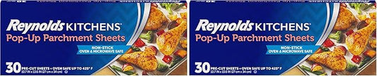 Reynolds Kitchens Pop-Up Parchment Paper Sheets, 30 Count, Fits Standard Baking Pans and Cookie Sheets, Non-Curling, Non-Stick, Pre-Cut, Oven-Safe Up to 425F, 10.75 in x 13.75 in (Pack of 2)