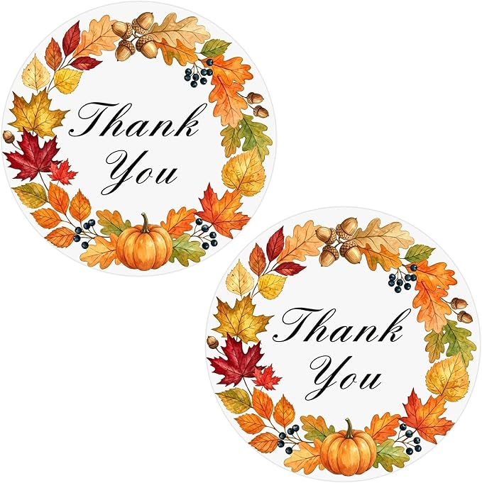 Louise Maelys 2 Inch Thank You Stickers Roll-120 Pcs Fall Thank You Sticker with Pumpkin & Leaf Pattern Autumn Stickers Labels for Thanksgiving, Gift Wrapping, Party Favors, Small Business, Envelope
