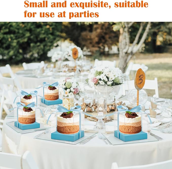 12 Pack Clear Plastic Cupcake Boxes, 3.5 Inch Gold Single Cupcake Containers Disposable Individual Cup Cake Carrier Holder Boxes with Inserts and Ribbon (Blue)